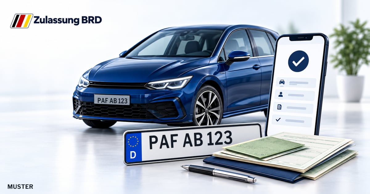 Online Fahrzeugzulassung in Geisenfeld: Musterkennzeichen PAF AB 123, Auto und Fahrzeugpapiere und Smartphone. Illustration mit Logo von Zulassung BRD.